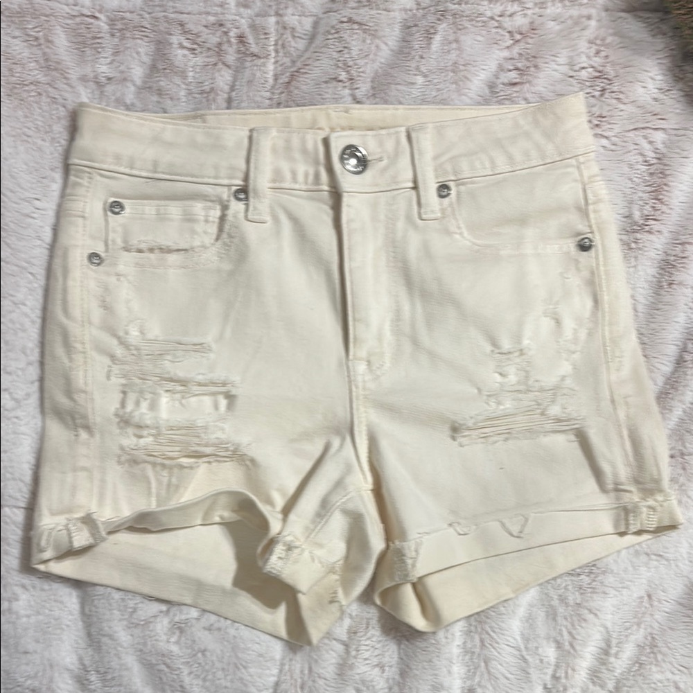 Women's Cream Distressed Denim Shorts